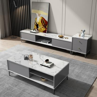 Modern Faux Marble Top TV Stand with Side Cabinet Combo