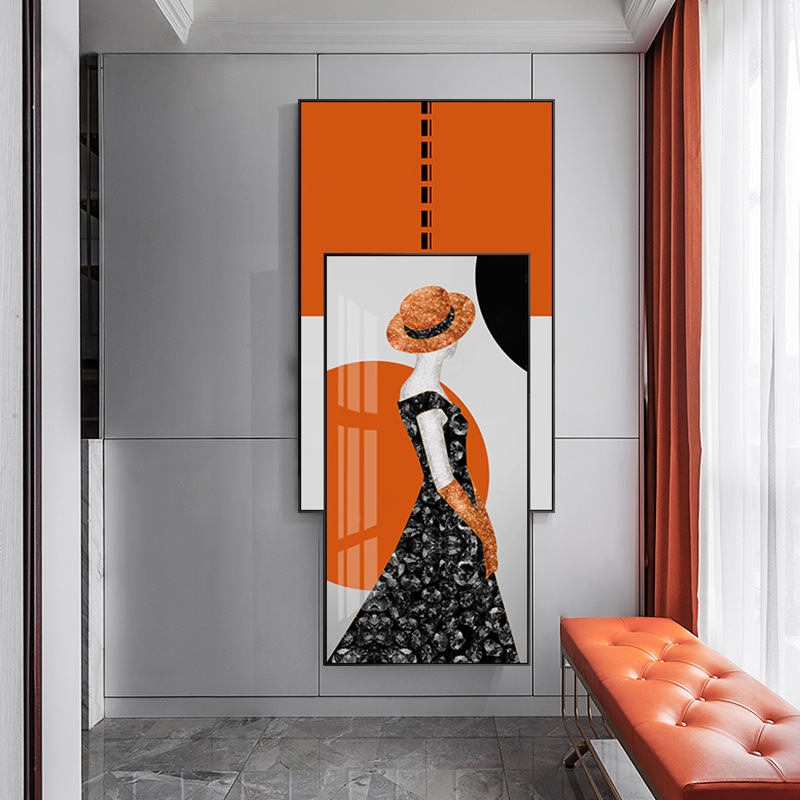 Framed wall art large painting Lady in Dress Orange Set of 2