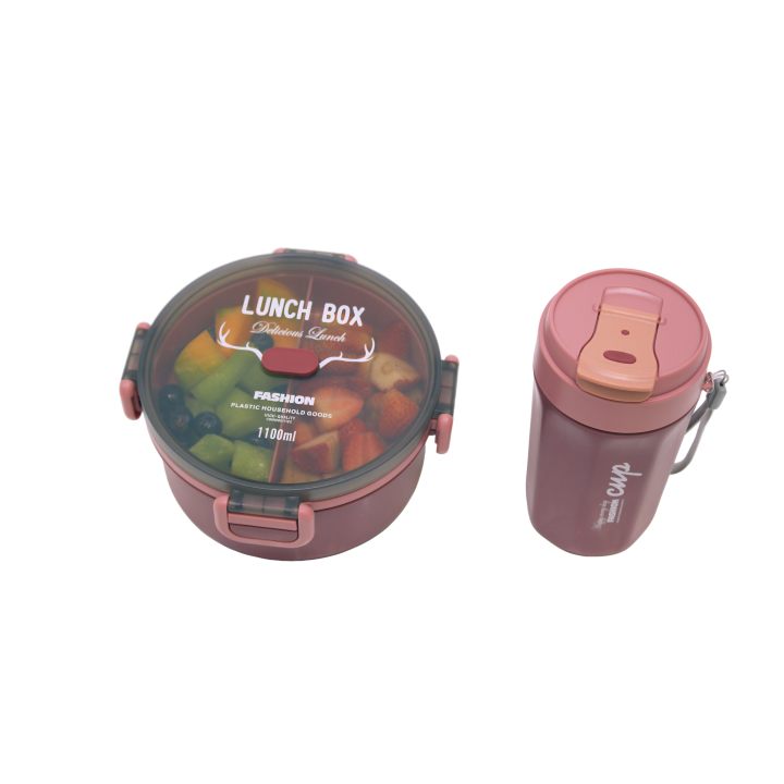 Round Lunch Box  Container Double Layer and Travel Coffee Drink Cup 500ml