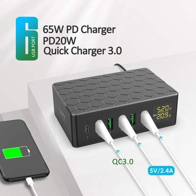 Ilepo 6 Ports 65w Charger Usb C Power Cable Smart Digital Display Ac Adaptor Pd2.0 Fast Charger For Iphone 11 Pro Samsung - Mobile Phone Chargers -