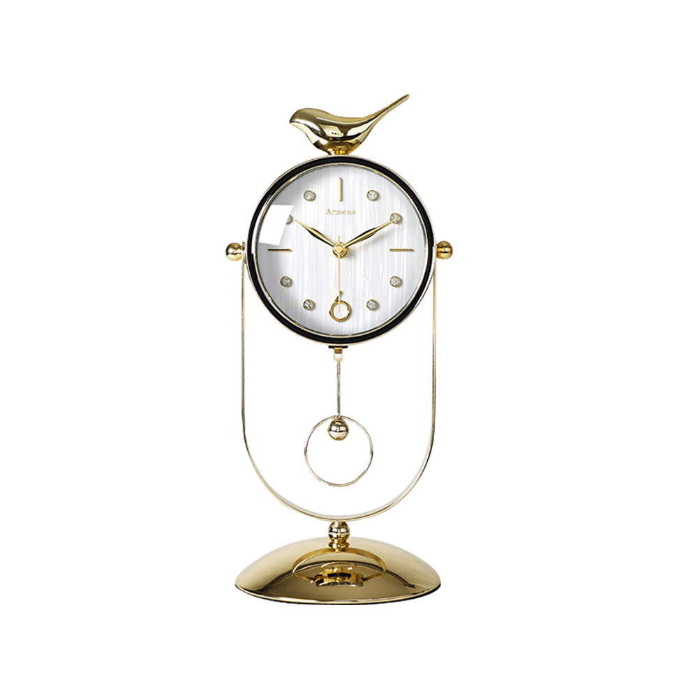 Gold Table Clock Bird Design & White Face 6951B-1