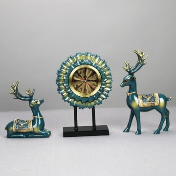 LUXURY SET OF THREE TABLE CLOCK & 2 DEER TURQUIOSE FINISH 6971-1