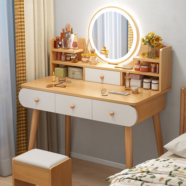 Modern 4 Drawer Basic Dressing Table With Modern 4 Drawer With Mirror Brown & White XU060232