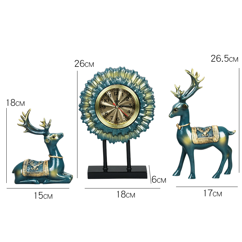 LUXURY SET OF THREE TABLE CLOCK & 2 DEER TURQUIOSE FINISH 6971-1