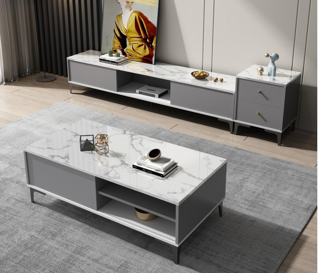Modern Faux Marble Top TV Stand with Side Cabinet Combo