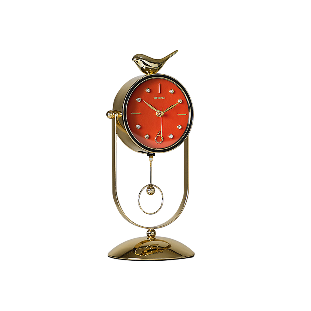 GOLD TABLE CLOCK BIRD DESIGN & ORANGE FACE 6951C-1