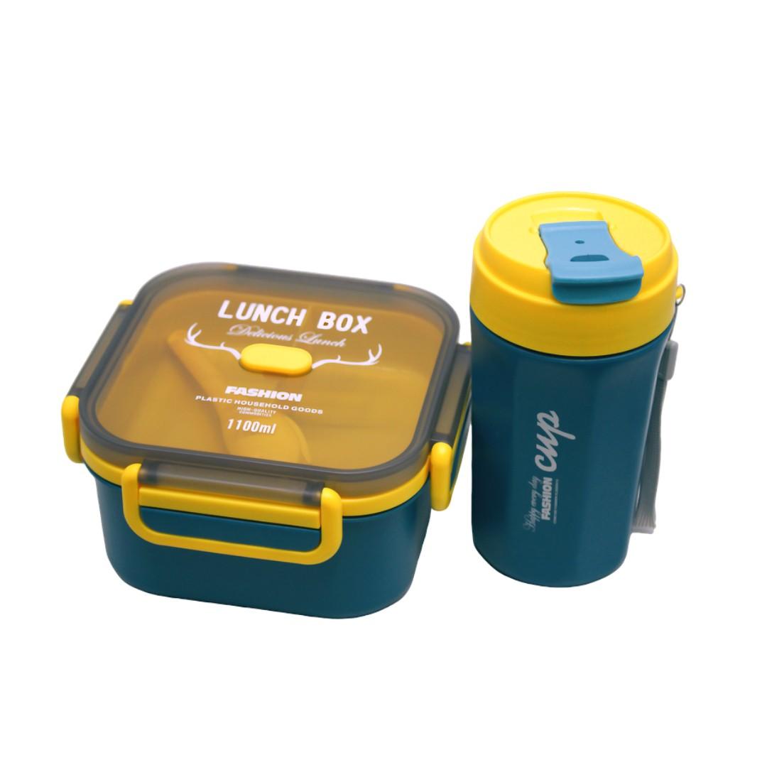 Squared 1100ml Lunch Container Double Layer  and Travel Coffee Drink Cup 500ml